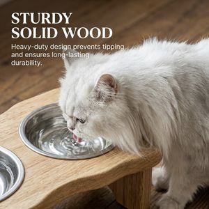 Gamelle surélevée en bois pour chat 15 °   Station d'alimentation inclinée pour chats, adaptée aux bols de nourriture et d'eau pour chats, anti-vomissement, protection des moustiquiers - Product Image 3
