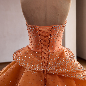 Robe de soirée personnalisable RSM261039 orange, bustier, avec appliques, sequins, perles superposées, dos lacé, en mousseline, coupe naturelle - Product Image 6