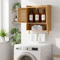 Étagère murale flottante 3-en-1 en bambou pour salle de bain avec barre de suspension pour épices de cuisine et produits de buanderie