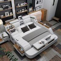 Limlamlim Tech Modernes Smart-Bett in King-Size mit Echtlederbezug, Multifunktions-Plattformbettrahmen mit Beamer und Luftreiniger