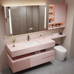 Vama Hot Design armoire de salle de bain, comptoir mural, vanité de salle de bain de couleur rose avec miroir LED - Product Image 2