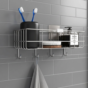 Étagère murale en métal avec crochets pour serviettes de bain et porte-brosse à dents, design minimaliste, résistant à la rouille - Product Image 5