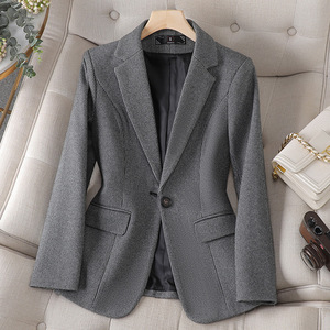 Women's Grey Houndstooth Blazer Slim Fit Anti-Wrinkle Woolen Suit Jacket Autumn Winter Casual Elegant - Product Image 1