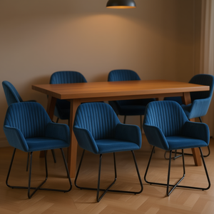 ชุดเก้าอี้รับประทานอาหารกำมะหยี่สีน้ำเงิน 6 ตัวพร้อมโครงเหล็กเคลือบสีฝุ่น เฟอร์นิเจอร์ตกแต่งบ้านสไตล์โมเดิร์น - Product Image 2