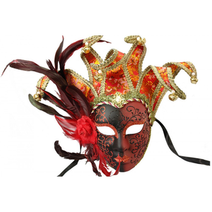 Grande maschera di plastica veneziana con piuma di gallo e fiore sul lato - Product Image 3