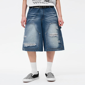 Özel yüksek kalite Vintage orta katlı erkek <span class=keywords><strong>Denim</strong></span> şort gevşek sıkıntılı asit-yıkanmış Trendy kot erkekler için kısa - Product Image 5