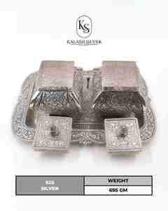 Juego de Porta Kumkum y Chawal de Plata de Ley con Cajas Cuadradas, Accesorio Tradicional Indio Hecho a Mano para el Templo del Hogar - Product Image 2