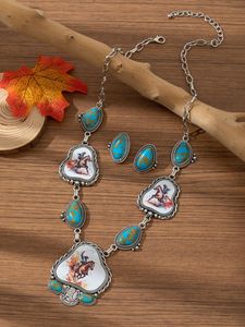 Conjunto de Joyería <span class=keywords><strong>Vaquera</strong></span> Retro al por Mayor, Nuevo, de Aleación con Turquesa, Estampado de Caballo y Vaquero, Collar Largo y Pendientes Colgantes, Set de 2 Piezas - Product Image 3