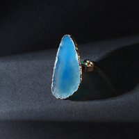 Anillo Ajustable Abierto con Borde Chapado en Oro y Rodaja de Ágata Natural, Anillos de Dedo con Gema Irregular en Bruto, Hechos a Mano, Venta al por Mayor