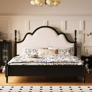 <span class=keywords><strong>Letto</strong></span> <span class=keywords><strong>Matrimoniale</strong></span> Retrò Francese in Stile Europeo, Nero, in Legno Massello, Imbottito in <span class=keywords><strong>Tessuto</strong></span>, Minimalista, Stile Metà Secolo - Product Image 4