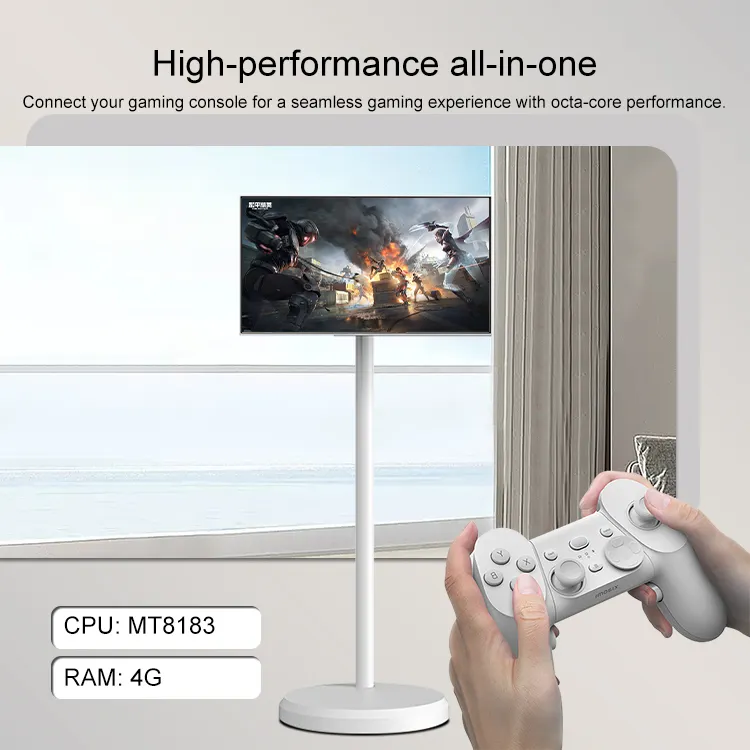 Dudukan lantai putih 6gb + 128gb Standbyme Tv tampilan layar pengisi daya dapat digerakkan Speaker baterai bawaan Tv portabel interaktif pintar
