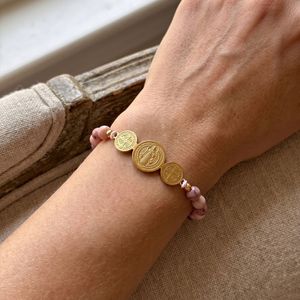 Pulsera de Oración Católica de <span class=keywords><strong>San</strong></span> <span class=keywords><strong>Benito</strong></span>, Zebra Rosa Natural, Acero Inoxidable, Cruz de <span class=keywords><strong>San</strong></span> <span class=keywords><strong>Benito</strong></span>, Medalla, Regalo Religioso - Product Image 2