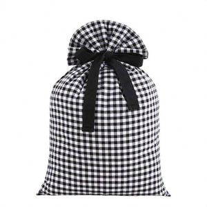 Sacs de Noël en toile à carreaux et à pois, grande capacité, personnalisables, avec cordon de serrage, sacs cadeaux de Noël pour enfants, vente en gros - Product Image 6