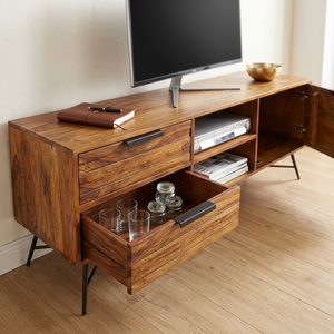 Commode en bois de chêne massif français à 2 tiroirs, design artisanal écologique, finition noyer, autoportante, pour salon et entrepôt - Product Image 2