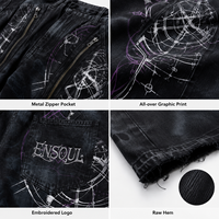 Jean baggy homme en twill épais imprimé sur mesure, ourlet effiloché, style streetwear noir gothique, délavage enzymatique, coupe large, denim court