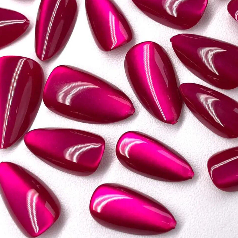 30pcs Rose Red Cat Eyes Almond Fake Nails Simple DIY Manicure Press on Nails Glossy Stick-on False Patches for Women