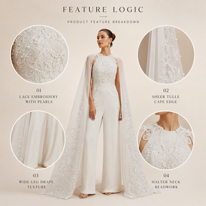 <span class=keywords><strong>Tuta</strong></span> <span class=keywords><strong>da</strong></span> <span class=keywords><strong>Sposa</strong></span> 2026 Elegante con Ricami in Pizzo e Perle, Romper Nuziale con Mantella Trasparente, Pantalone a Gamba Larga, Bianco, Personalizzabile OEM/ODM - Product Image 2