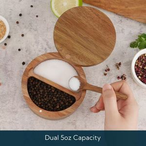Acacia Wood Spice <b>Jar</b> With Divider 4.33inch Wooden Lid Airtight <b>Kitchen</b> <b>Storage</b> Box <b>For</b> Seasoning - Product Image 5