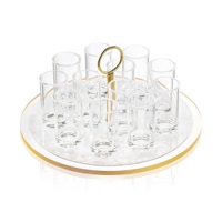 Plateau à shot en acrylique rond personnalisé avec bordure dorée en marbre et poignée dorée |   Présentoir en Lucite pour 12 coupes de Kiddoussah juives