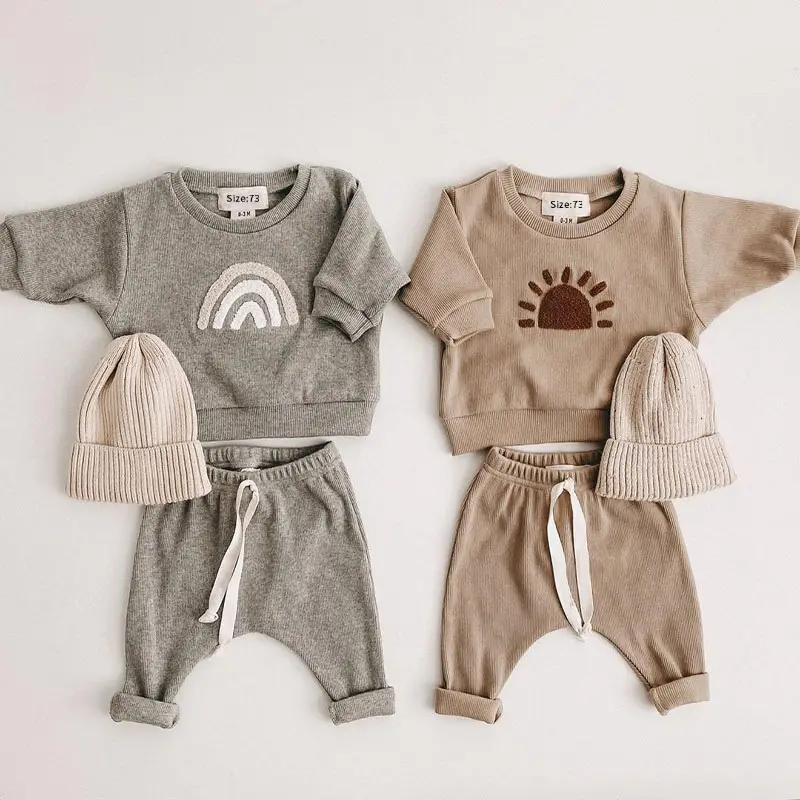 Wholesale Newborn Baby Boy 100% Organic Cotton Clothes Set Sun Rainbow Letter Print Long Sleeve Sweater Pants 2 Piece Set