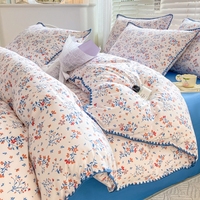 Blumendruck Großhandel gewaschene Mikrofaser Königinnenkönigin-Bett-Set Muschelstickerei 4-teiliges Bettwäsche-Set