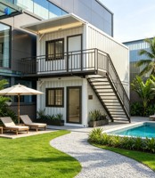 Maison préfabriquée moderne en structure acier, villa modulaire à deux étages avec balcon et escalier, maison portable, hôtel-resort, hébergement