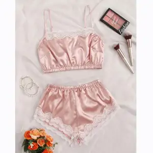 X1728 High Quality Wholesale Custom Cheap Lace Edge Fan 2Pcs Silky Comfortable Nightdress Girl heart Pajamas Summer Home