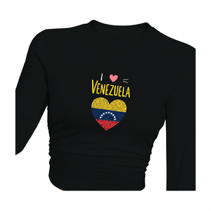 Camiseta de Manga Larga de Punto Y2K para Mujer con Estampado de Corazón de la Bandera de Venezuela, Cuello Redondo, Ajuste Regular, Spandex, Poliéster, para Todas las Temporadas - Product Image 1