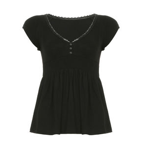 Chemise décontractée à manches courtes en tricot pour femmes d'été, avec un col en V, un ourlet en dentelle plissé, un bouton sur le devant, une coupe ample, un style A, en vente chaude - Product Image 6
