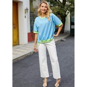 2025, camisetas informales de gran tamaño a rayas para mujer, jersey de manga corta con cuello redondo, decoración de diamantes, blusa transpirable XS ajustada - Product Image 5