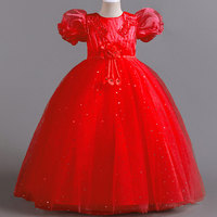 Robe de bal princesse formelle à manches bouffantes scintillantes, longueur genou, pour filles de 1 à 12 ans, élégante, en tulle à sequins, avec applique de rose, pour demoiselle d'honneur