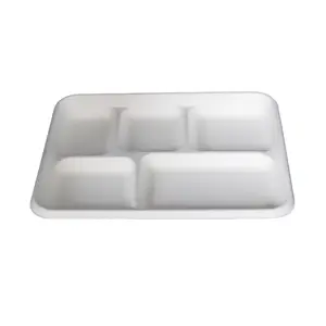 5 compartment disposable paper plate bagasse biodegradable lunch tray.