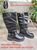 Bottes de moto pour femmes, hauteur genou, avec fermeture éclair latérale, bride à boucle, talon épais, en cuir PU noir, style western, vente en gros