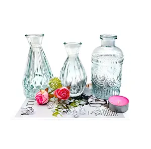 Hot Minimalista Vaso Fornecedores Custom Clear Embossed Glass Bud Vase Garrafas De Flor De Vidro para Decoração Do Casamento Decoração De Casa Festa