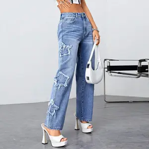 Individueller Bootcut Damen Rock Revival Jeans hochwertiger, zerrissener und gewaschener Denim 2024 neuer modischer damen-Reifen Jeans der schnell trocknend sind /