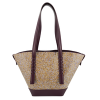 Sac fourre-tout tressé jaune et violet en gros, OEM ODM, écologique, avec fleurs séchées naturelles, grande capacité, fermeture éclair, GPS, pour femmes