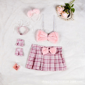 Wholesale of Mickey Mouse role-playing lingerie <b>set</b> featuring a pure and elegant plaid <b>suspender</b> print and bow. - Product Image 5
