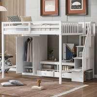 Kinder-Hochbett mit Treppe und Stauraum, Multifunktionales Hochbett mit Kleiderschrank, Bücherregal und Schubladen, Platzsparend