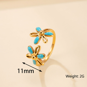 Vente en gros de fleurs en émail coloré anneau ouvert pour femmes en acier inoxydable couleur or anneaux de mode bohème bijoux cadeau - Product Image 6