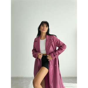 Abrigo de Cuero Acolchado para Mujer - Color Fucsia, Largo, Casual, con Cierre de Cinturón, Relleno de Algodón, Decoración Estampada, para Otoño/Invierno - Product Image 2