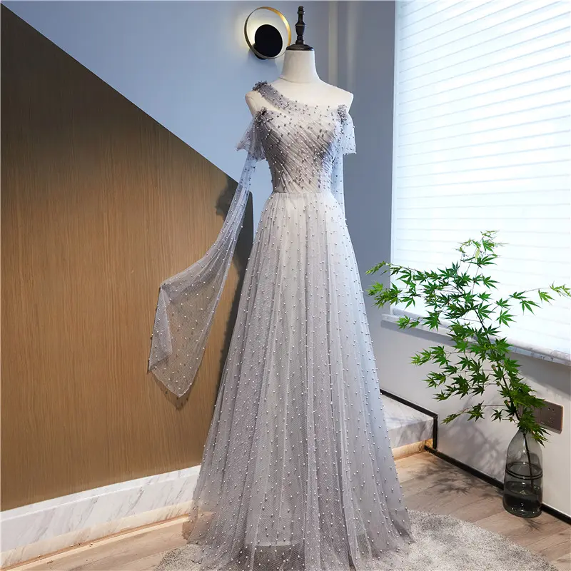 QUEENS GOWN pearls beaded streamer elegant bow soft tulle one shoulder backless lace-up elegant princess prom