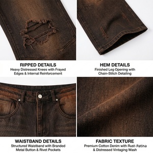 Jeans Baggy de Mezclilla Desgastada de Alta Calidad 2026 Sun Fade TKAN118D para Hombre, Vintage, Color Caqui, 100% Algodón, con Rodillas Desgarradas - Product Image 2
