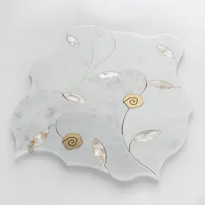 Factory Supplier Luxury Nature Marble Mix Shell & Metal Waterjet Exquisite Hotel Villa Palace Decorative Wall Mosaic Tiles