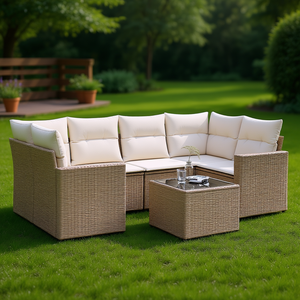 Conjunto de Sofás Modulares Modernos para Jardín, Muebles de Exterior de Ratán Sintético PE Beige, Cojines de Espuma de Alta Densidad - Product Image 2