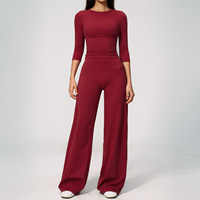 Haut court extensible à manches trois quarts et pantalon de yoga évasé à jambes larges pour femme, ensemble 2 pièces, tenue décontractée pour tous les jours, vêtements de sport