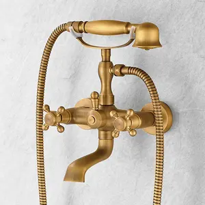 Antique Wall Mounted Brass Shower & Tub Faucet Dual Handles Telephone Type Long Spout Bathtub Mixer Tap With Hand Shower
