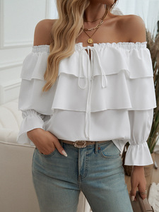 Blusas de señora Nuevas camisas vintage con volantes al por mayor para damas Top negro con hombros descubiertos - Product Image 5
