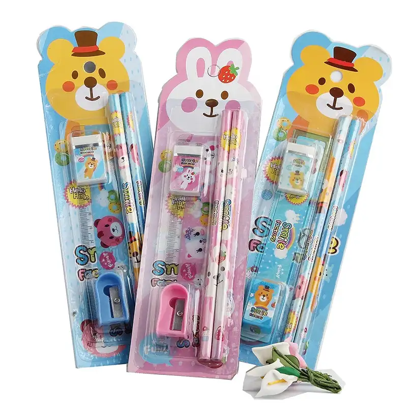 lovely Cheap Cartoon Pencil Ruler Earser Sharpener 5 In 1 Stationery Set For Boy Girls Kids Gift School Prizes