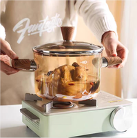 Casserole en verre borosilicate de haute qualité avec deux poignées en bois et couvercle, résistante à la chaleur, pour cuisinière à gaz et électrique