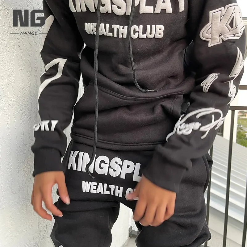 Custom Puff Print Sweatsuit Black Streetwear Hip Hop Sweatpants And Hoodies Set 3d Puff Track suit For Men